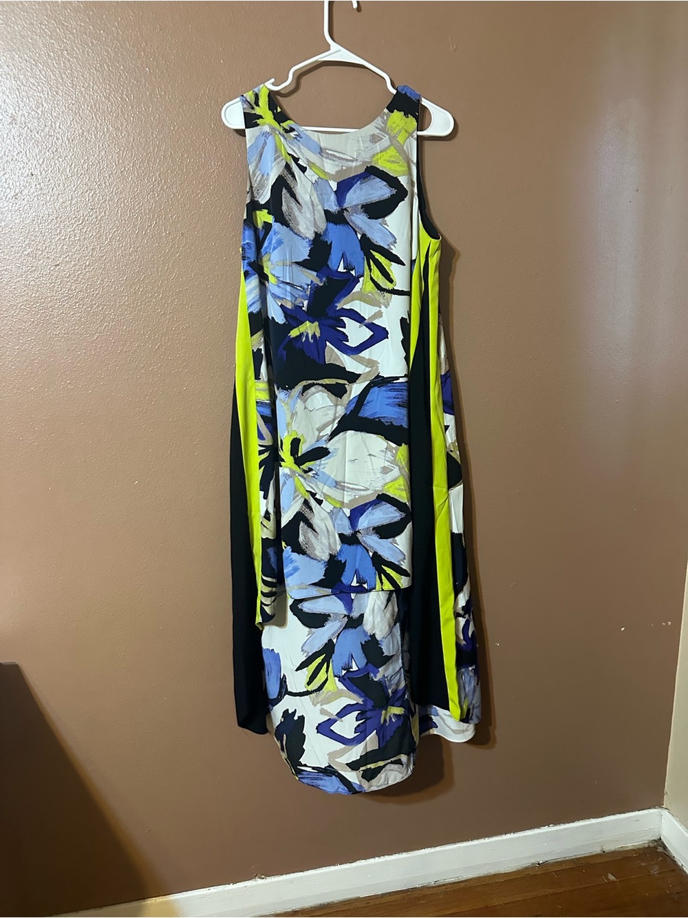 Sleeveless Floral Shift Dress in Blue, Black & Lime